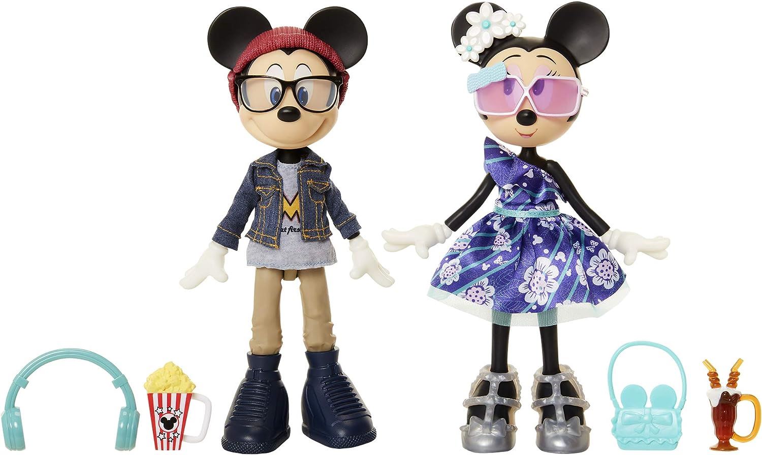 Disney Minnie & Mickey Movie Night Figures 2 Dolls Poseable Outfits Accessories