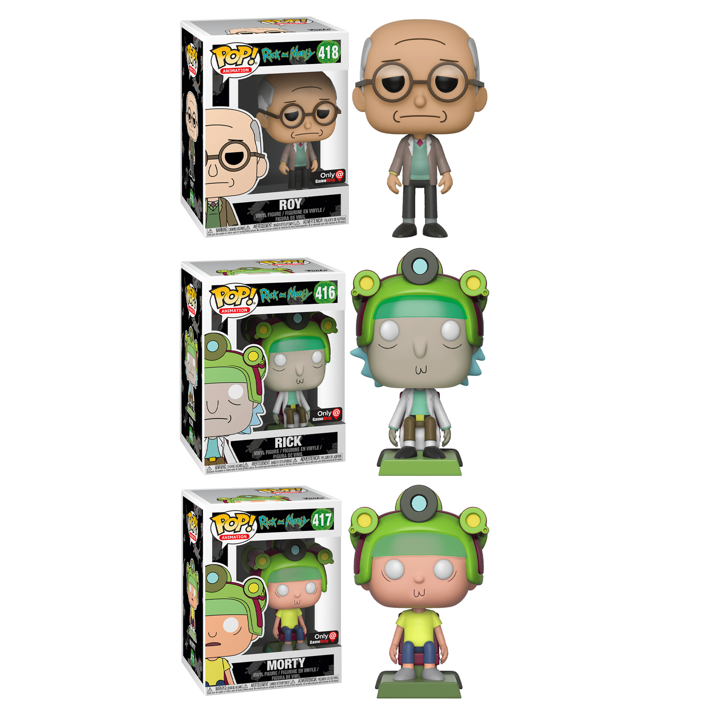 Funko ROY (418), RICK (416), MORTY (417) POP! Blip and Chitz EXCLUSIVE Vinyl Figures [SET OF 3]